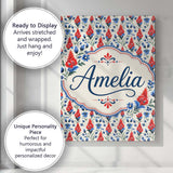 Personalised Name Red and Blue Floral Folk Custom  Unique Gift Idea Elegant Feature Canvas Wall Art Print Decor Picture Ready to Hang
