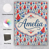 Personalised Name Red and Blue Floral Folk Custom  Unique Gift Idea Elegant Feature Canvas Wall Art Print Decor Picture Ready to Hang