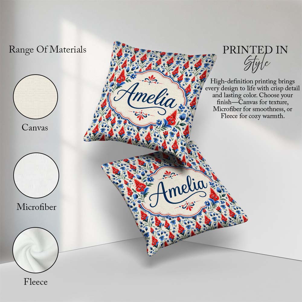 Custom Name Red and Blue Floral Folk Art Seamless Pattern Design Square Filled Cushion Throw Pillow Sofa Bed Home Decor Zip Washable UK Made
