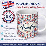 Personalized Custom Name Red and Blue Floral Folk Art Seamless Pattern Botanical Design Name 11oz Ceramic Coffee Tea Mug White Large Handle