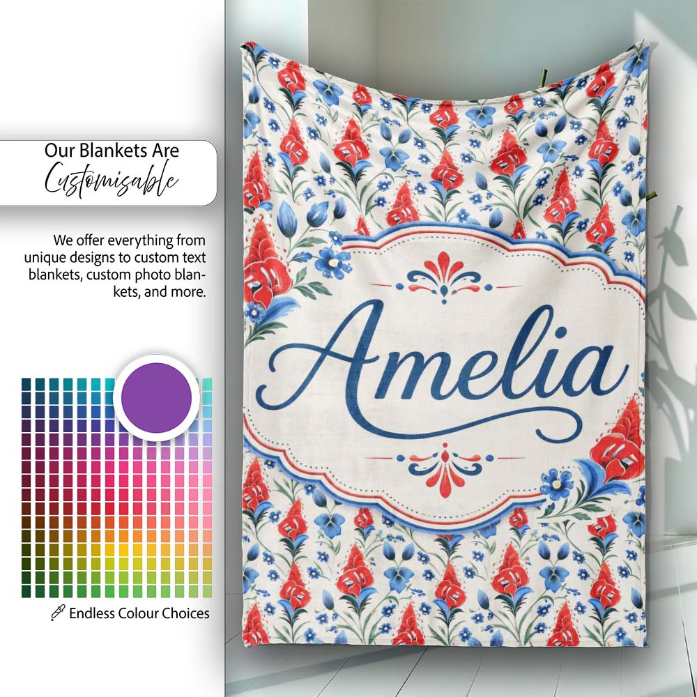 Red and Blue Floral Folk Art Seamless Pattern Botanical Design Name  Personalised Custom Name Super Soft Fleece Blanket Bed Sofa Throw