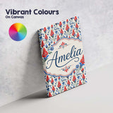 Personalised Name Red and Blue Floral Folk Custom  Unique Gift Idea Elegant Feature Canvas Wall Art Print Decor Picture Ready to Hang