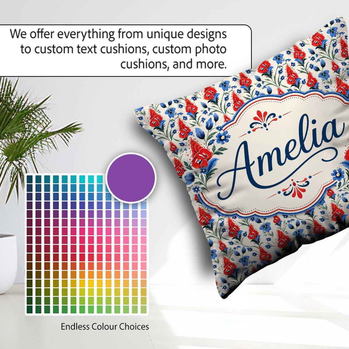 Custom Name Red and Blue Floral Folk Art Seamless Pattern Design Square Filled Cushion Throw Pillow Sofa Bed Home Decor Zip Washable UK Made