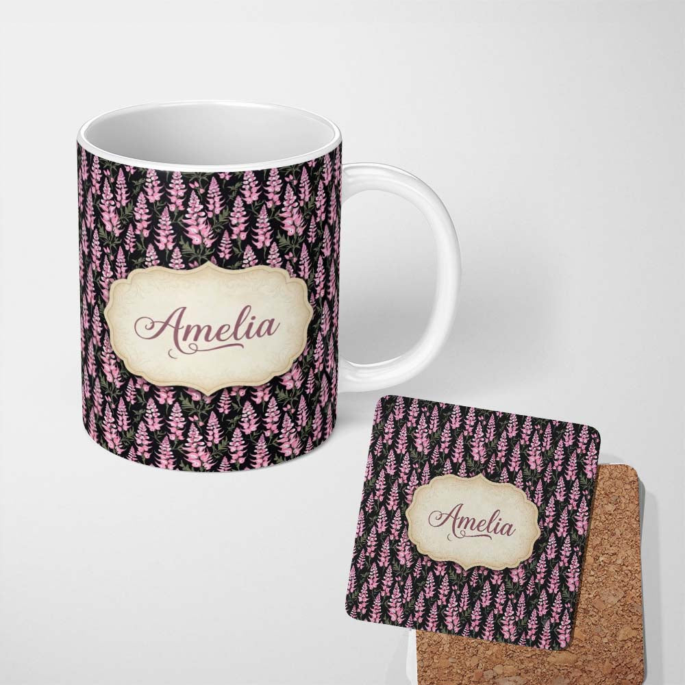 Personalized Custom Name Stylized Pink Foxglove Floral on Dark Background Seamless Pattern 11oz Ceramic Coffee Tea Mug White Large Handle