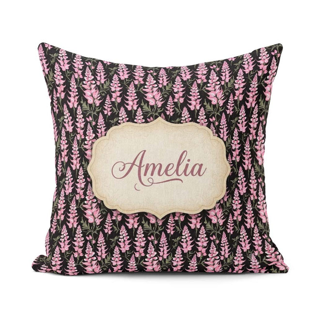 Custom Name Stylized Pink Foxglove Floral on Background Seamless Square Filled Cushion Throw Pillow Sofa Bed Home Decor Zip Washable UK Made