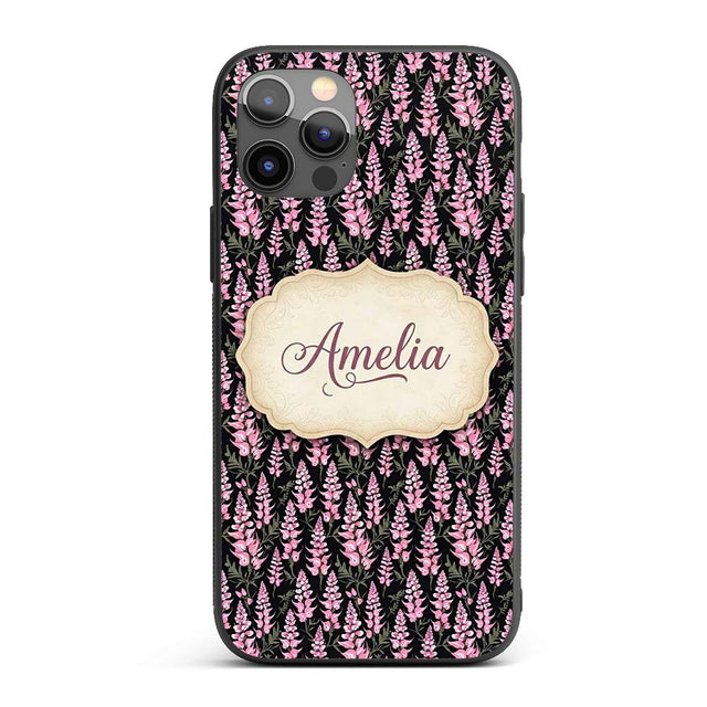 Stylized Pink Foxglove Floral on Dark Background Custom Name Protective Phone Case Mobile Cover Durable Everyday Smartphone Shock Resistant