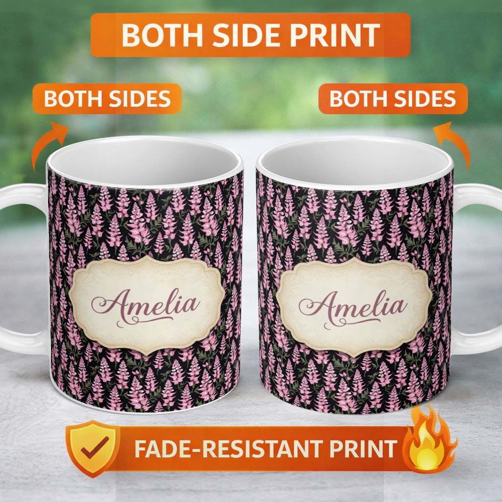 Personalized Custom Name Stylized Pink Foxglove Floral on Dark Background Seamless Pattern 11oz Ceramic Coffee Tea Mug White Large Handle