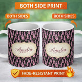 Personalized Custom Name Stylized Pink Foxglove Floral on Dark Background Seamless Pattern 11oz Ceramic Coffee Tea Mug White Large Handle