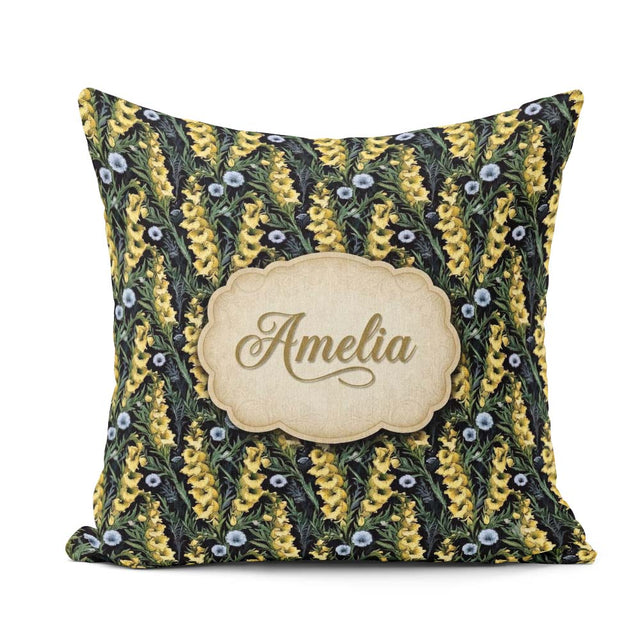 Custom Name Yellow Wildflower Botanical Garden Dark Pattern Name Square Filled Cushion Throw Pillow Sofa Bed Home Decor Zip Washable UK Made