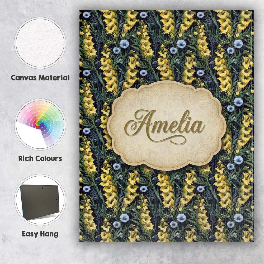 Personalised Name Yellow Wildflower Botanical Custom Unique Gift Idea Modern Room Accent Canvas Wall Art Print Decor Picture Ready to Hang