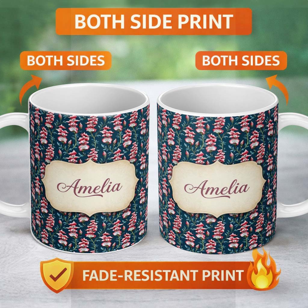 Personalized Custom Name Vintage Pink Floral Stems on Deep Blue Background Seamless Pattern 11oz Ceramic Coffee Tea Mug White Large Handle