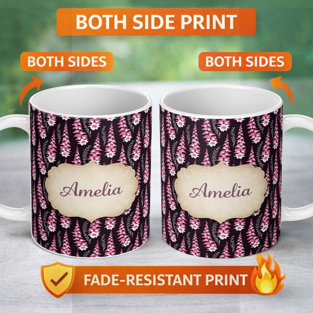 Personalized Custom Name Modern Pink Foxglove Floral Graphic Dark Seamless Pattern Custom 11oz Ceramic Coffee Tea Mug White Large Handle