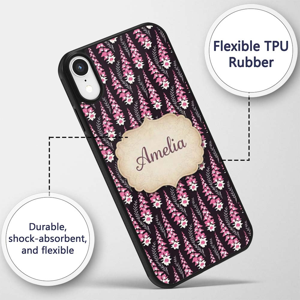 Modern Pink Foxglove Floral Graphic Dark Seamless Custom Name Protective Phone Case Mobile Cover Durable Everyday Smartphone Shock Resistant