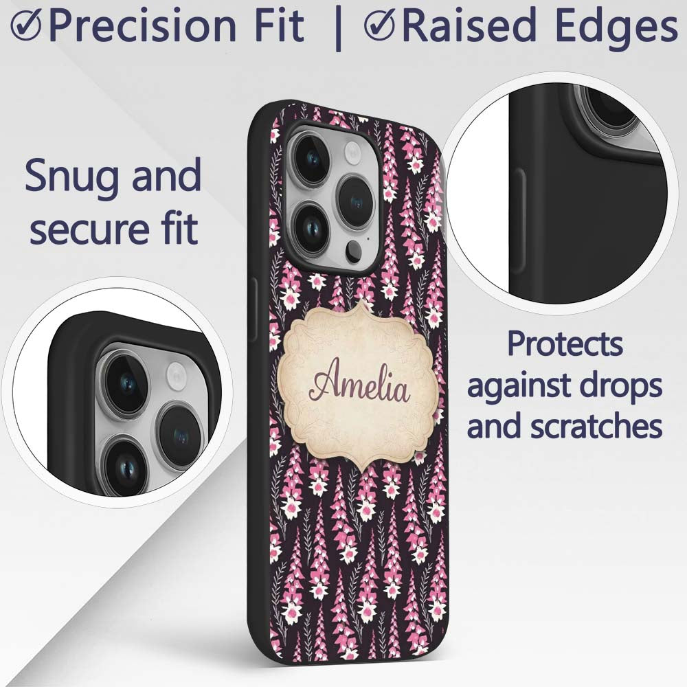 Modern Pink Foxglove Floral Graphic Dark Seamless Custom Name Protective Phone Case Mobile Cover Durable Everyday Smartphone Shock Resistant