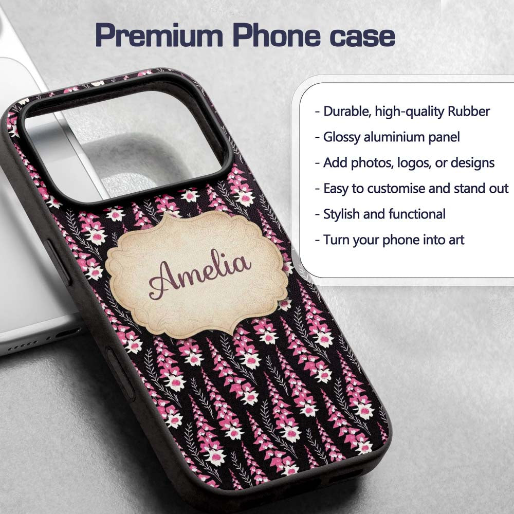 Modern Pink Foxglove Floral Graphic Dark Seamless Custom Name Protective Phone Case Mobile Cover Durable Everyday Smartphone Shock Resistant