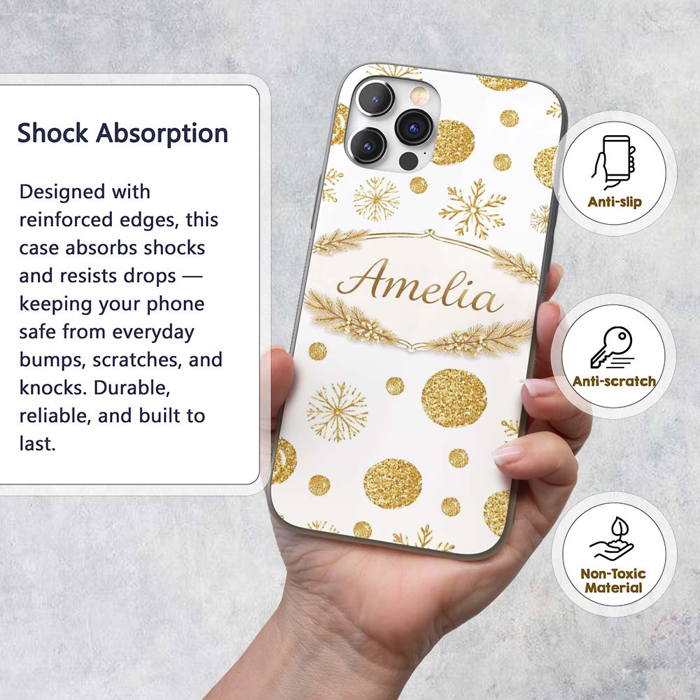 Gold Snowflakes and Glitter Dots Seamless Pattern Custom Name Protective Phone Case Mobile Cover Durable Everyday Smartphone Shock Resistant