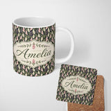 Personalized Custom Name Soft Cream and Pink Botanical Garden Seamless Pattern Name Cute 11oz Ceramic Coffee Tea Mug White Large Handle