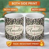 Personalized Custom Name Soft Cream and Pink Botanical Garden Seamless Pattern Name Cute 11oz Ceramic Coffee Tea Mug White Large Handle