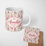 Personalized Custom Name Delicate Pink Foxglove Flowers Light Background Seamless Pattern 11oz Ceramic Coffee Tea Mug White Large Handle