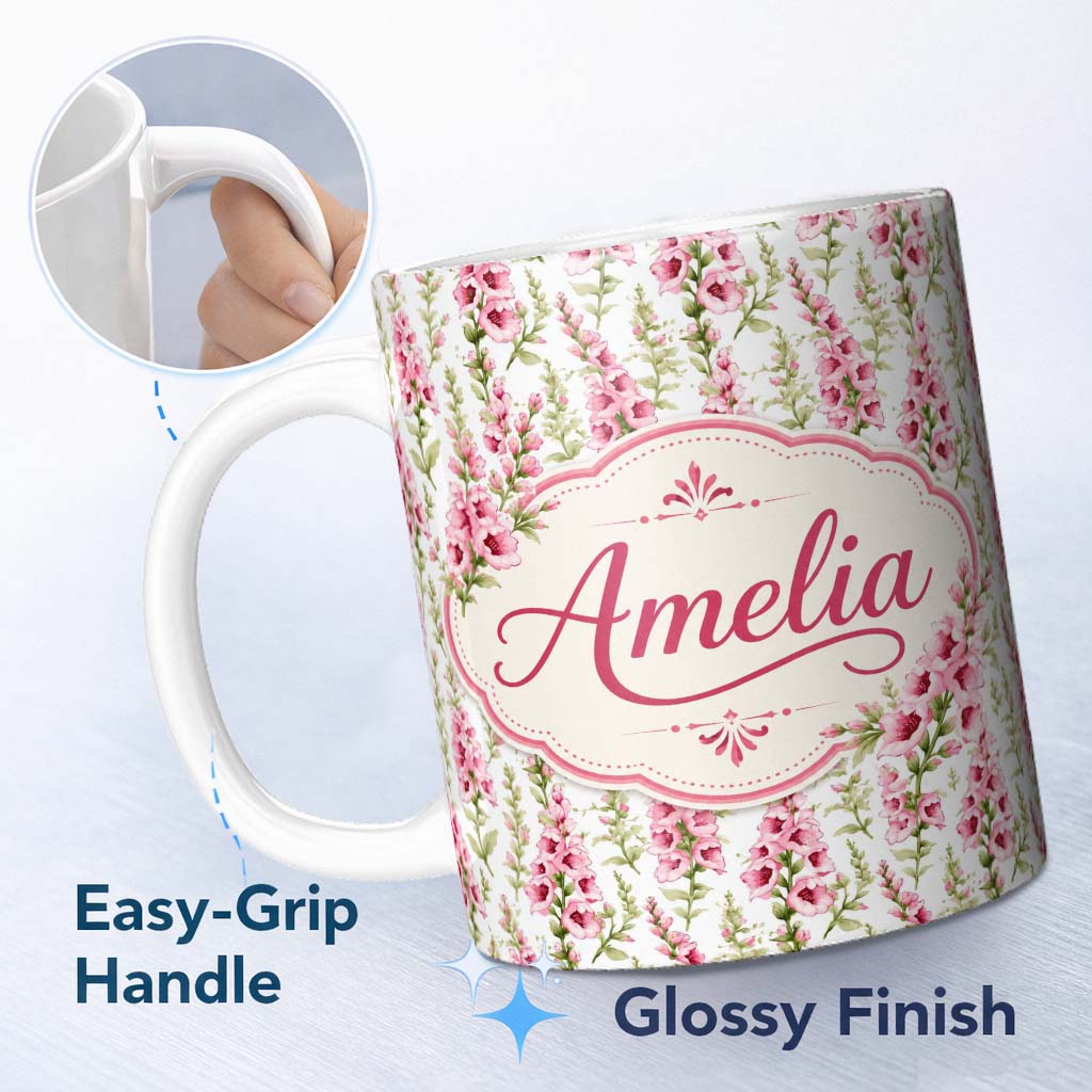 Personalized Custom Name Delicate Pink Foxglove Flowers Light Background Seamless Pattern 11oz Ceramic Coffee Tea Mug White Large Handle