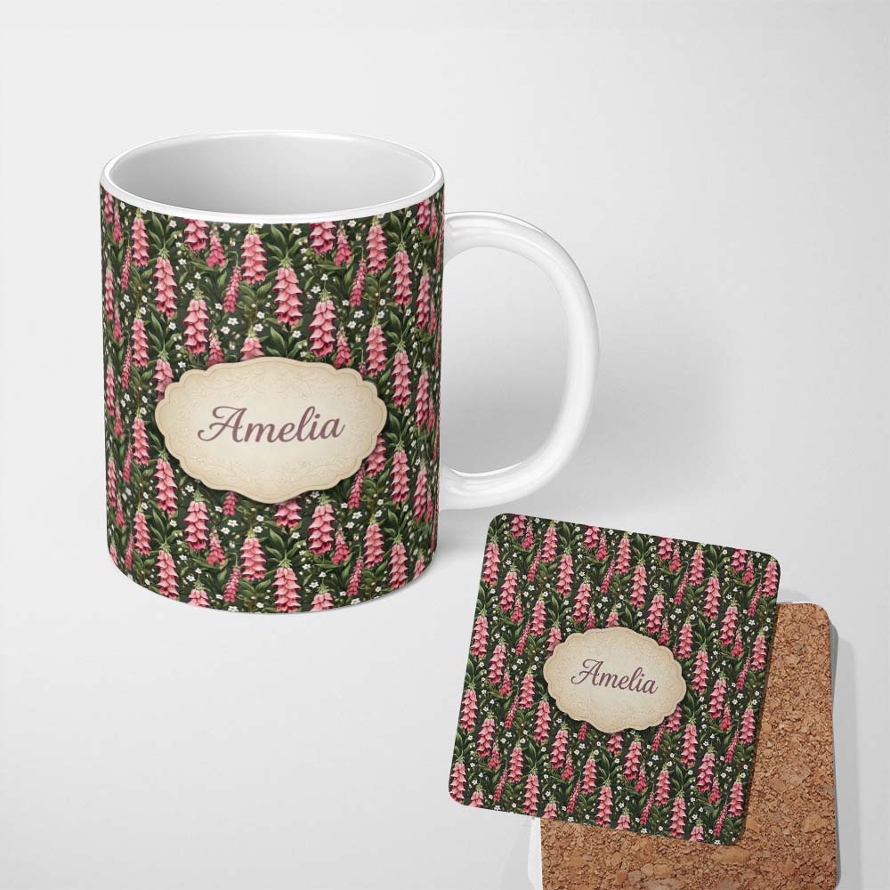 Personalized Custom Name Pink Foxglove Flowers and Wild Meadow Botanical Seamless Pattern 11oz Ceramic Coffee Tea Mug White Large Handle