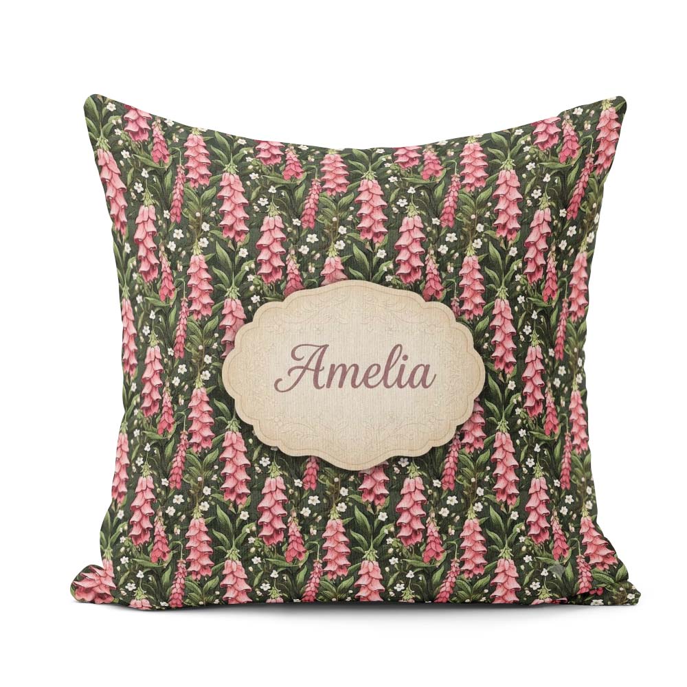 Custom Name Pink Foxglove Flowers Wild Meadow Botanical Seamless Square Filled Cushion Throw Pillow Sofa Bed Home Decor Zip Washable UK Made