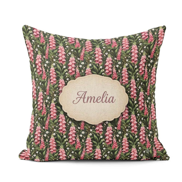 Custom Name Pink Foxglove Flowers Wild Meadow Botanical Seamless Square Filled Cushion Throw Pillow Sofa Bed Home Decor Zip Washable UK Made