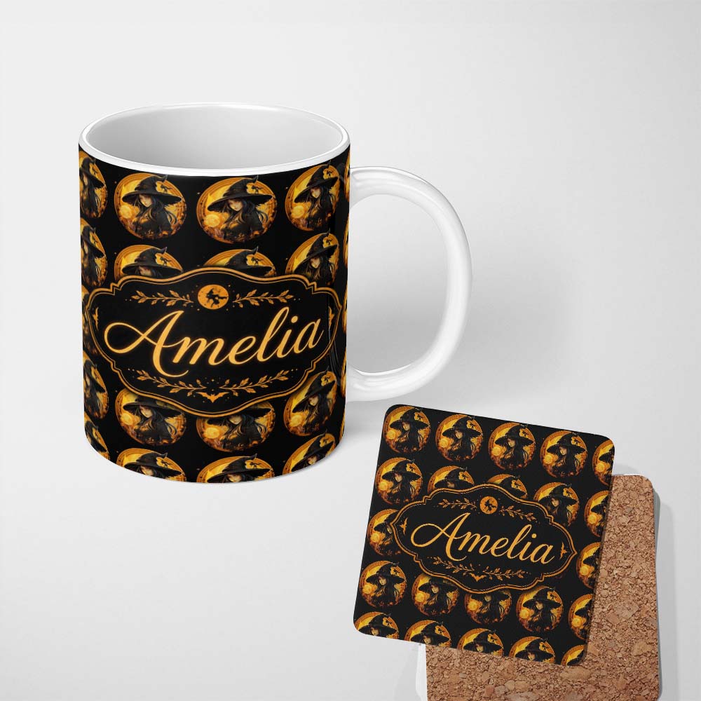 Personalized Custom Name Halloween Witch with Moon Magical Dark Seamless Pattern Name Cute 11oz Ceramic Coffee Tea Mug White Large Handle