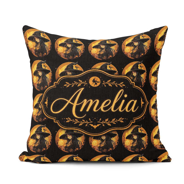 Custom Name Halloween Witch with Moon Magical Dark Seamless Name Square Filled Cushion Throw Pillow Sofa Bed Home Decor Zip Washable UK Made