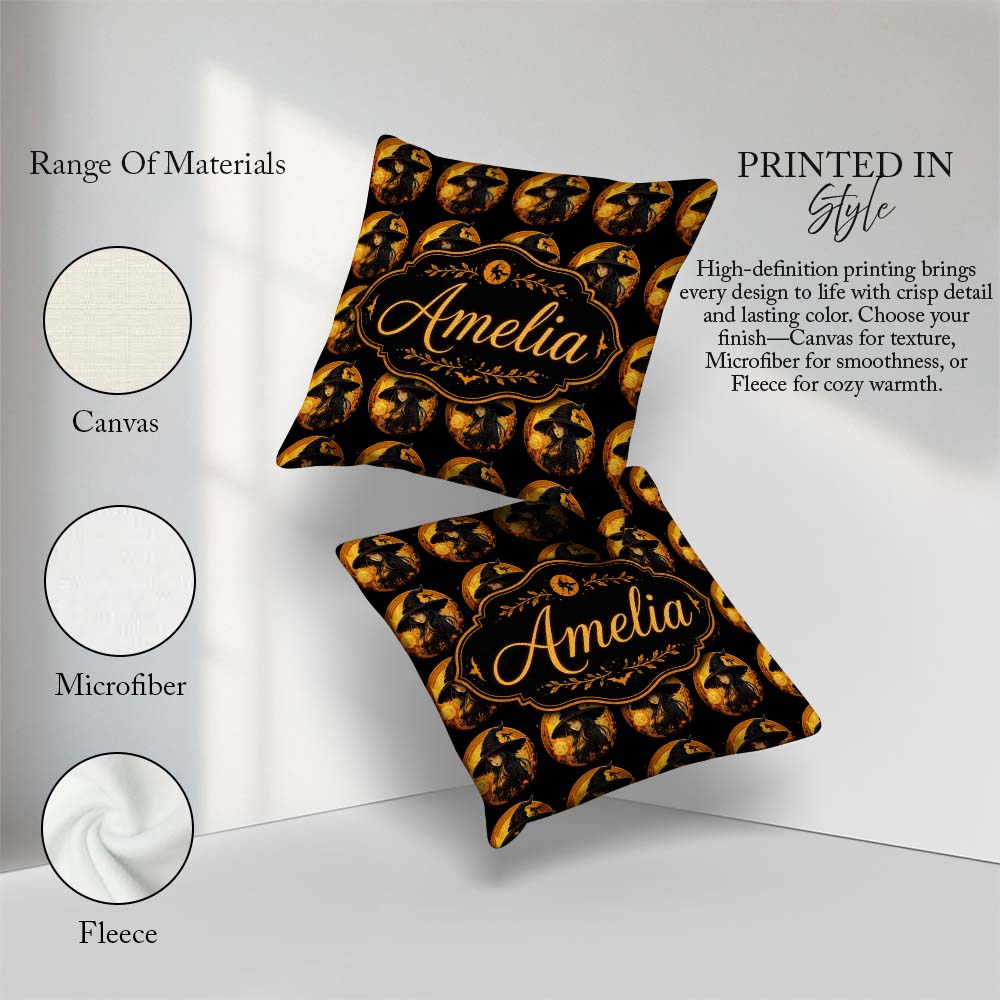 Custom Name Halloween Witch with Moon Magical Dark Seamless Name Square Filled Cushion Throw Pillow Sofa Bed Home Decor Zip Washable UK Made