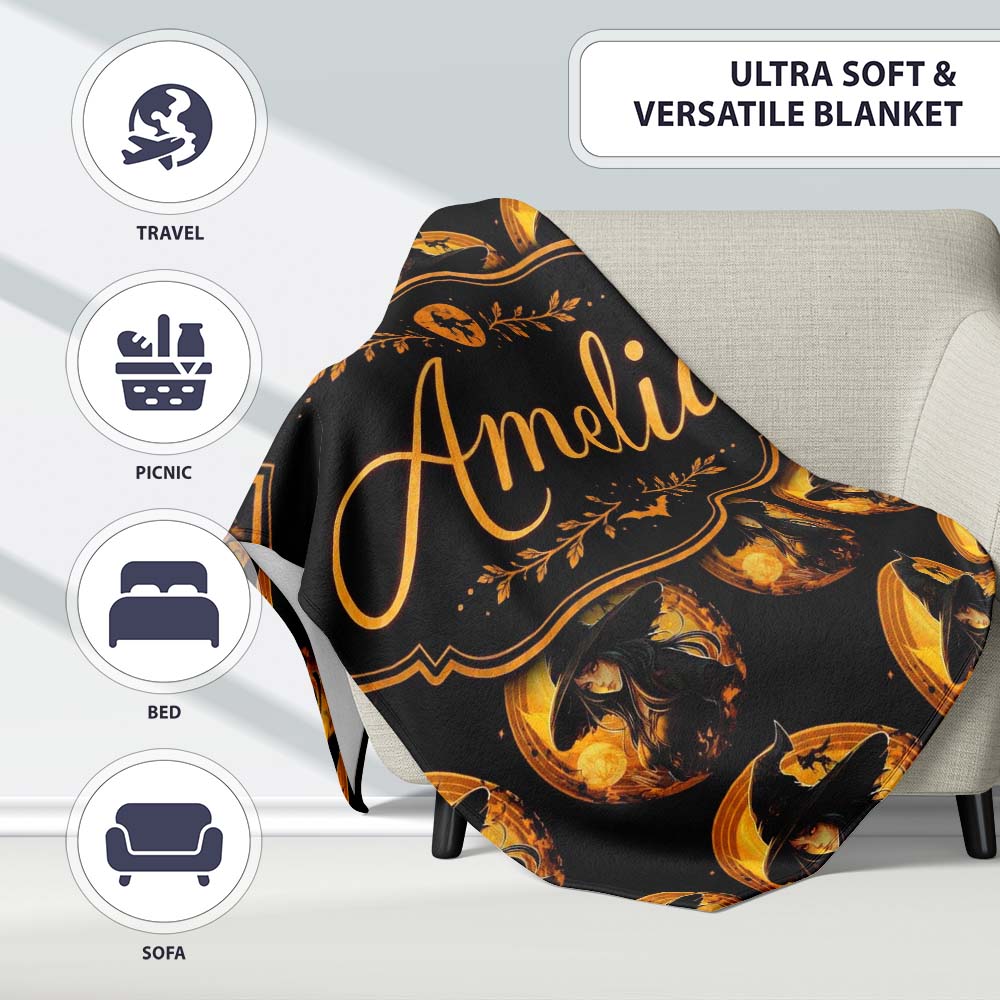 Halloween Witch with Moon Magical Dark Seamless Pattern Name Cute  Personalised Custom Name Super Soft Fleece Blanket Bed Sofa Throw