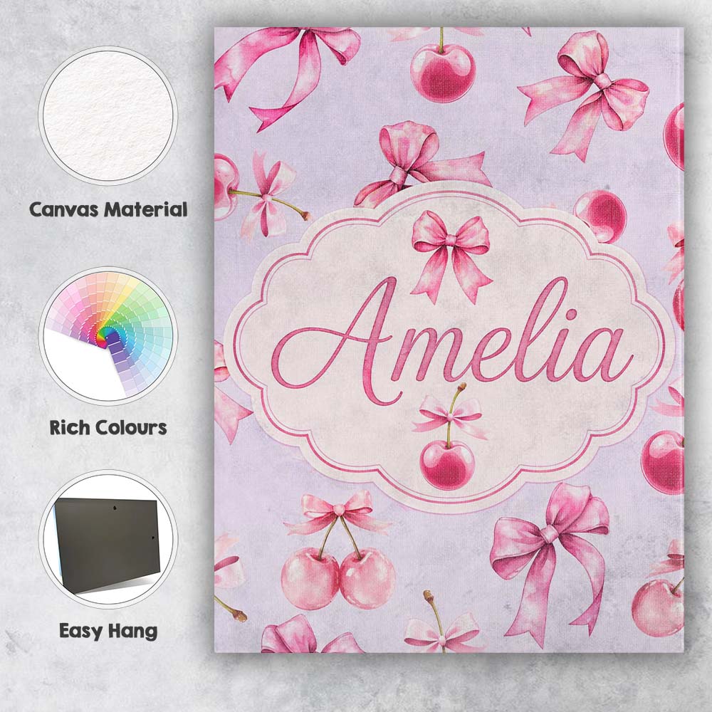 Personalised Name Watercolor Pink Cherry Ribbon Bow Seamless Pattern Custom  Home Canvas Wall Art Print Decor Picture Ready to Hang