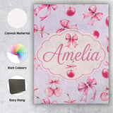 Personalised Name Watercolor Pink Cherry Ribbon Bow Seamless Pattern Custom  Home Canvas Wall Art Print Decor Picture Ready to Hang