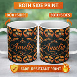 Personalized Custom Name Vintage Halloween Witch Portrait Orange Moon Seamless Pattern Name 11oz Ceramic Coffee Tea Mug White Large Handle