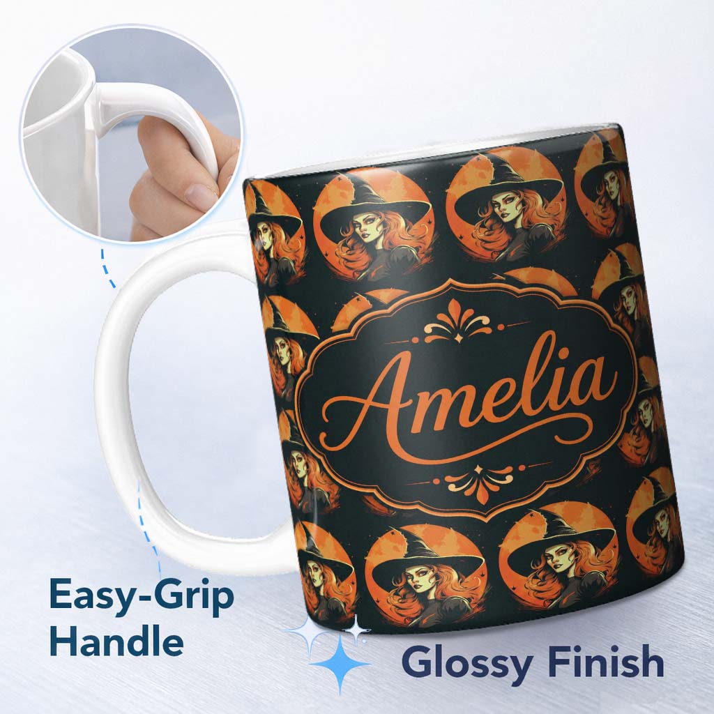 Personalized Custom Name Vintage Halloween Witch Portrait Orange Moon Seamless Pattern Name 11oz Ceramic Coffee Tea Mug White Large Handle