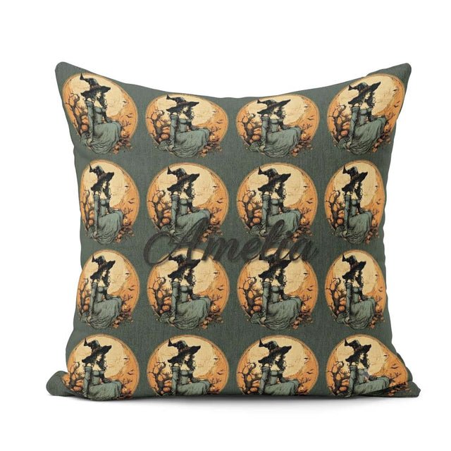 Custom Name Elegant Gothic Witch Moonlit Night Pattern Name Cute Square Filled Cushion Throw Pillow Sofa Bed Home Decor Zip Washable UK Made