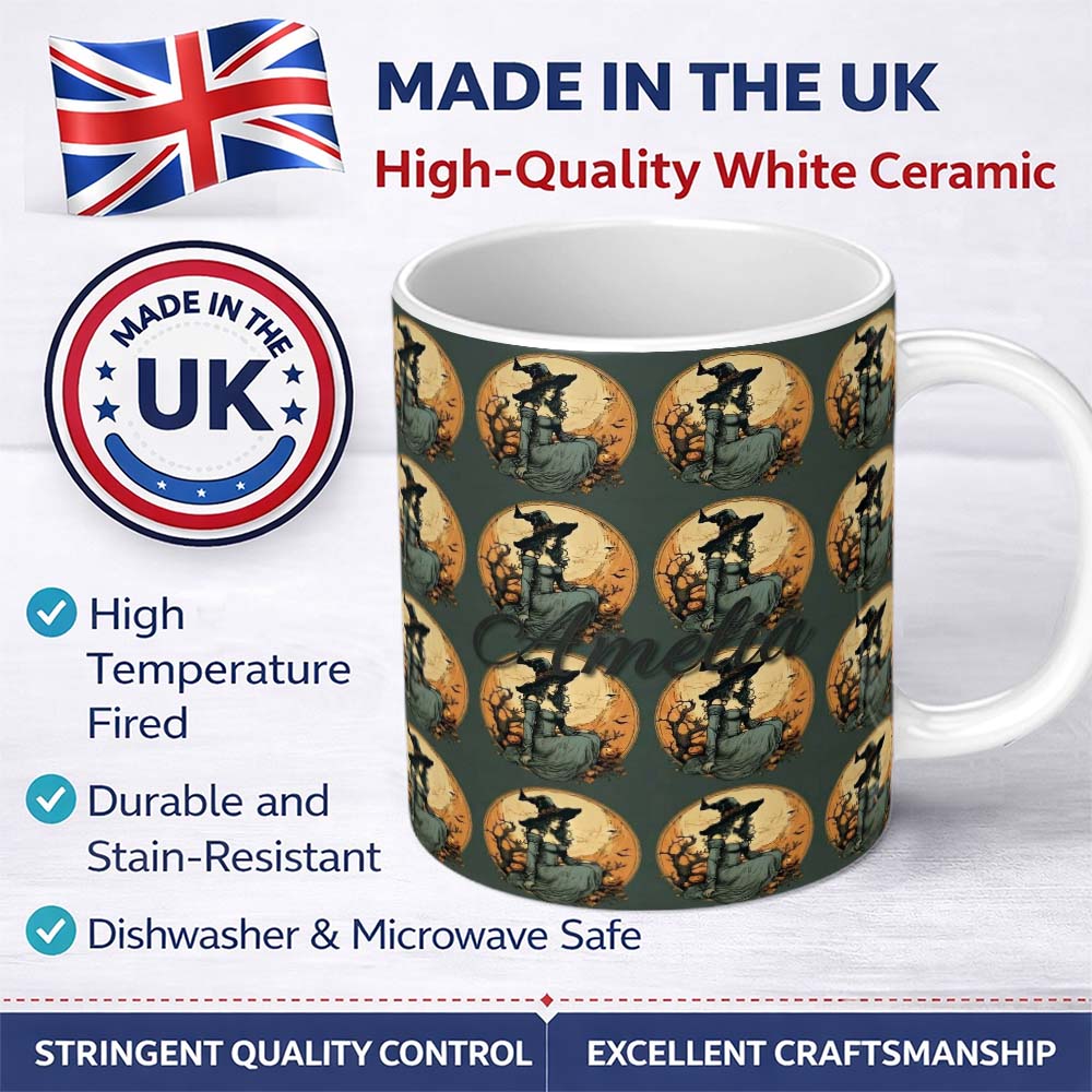 Personalized Custom Name Elegant Gothic Witch Moonlit Night Seamless Pattern Name Cute 11oz Ceramic Coffee Tea Mug White Large Handle