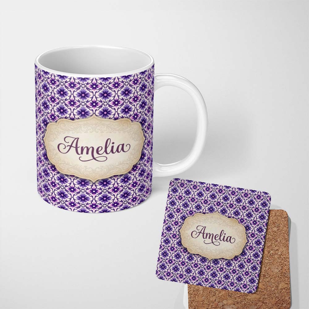 Personalized Custom Name Purple Floral Geometric Tile Style Seamless Pattern Name Cute 11oz Ceramic Coffee Tea Mug White Large Handle