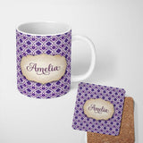 Personalized Custom Name Purple Floral Geometric Tile Style Seamless Pattern Name Cute 11oz Ceramic Coffee Tea Mug White Large Handle