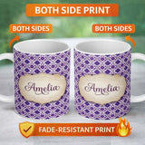 Personalized Custom Name Purple Floral Geometric Tile Style Seamless Pattern Name Cute 11oz Ceramic Coffee Tea Mug White Large Handle