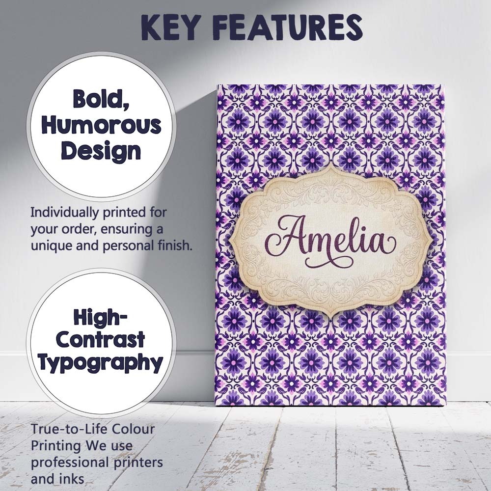 Personalised Name Purple Floral Geometric Custom  Unique Gift Idea Elegant Feature Canvas Wall Art Print Decor Picture Ready to Hang