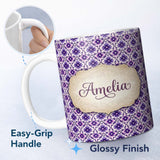 Personalized Custom Name Purple Floral Geometric Tile Style Seamless Pattern Name Cute 11oz Ceramic Coffee Tea Mug White Large Handle
