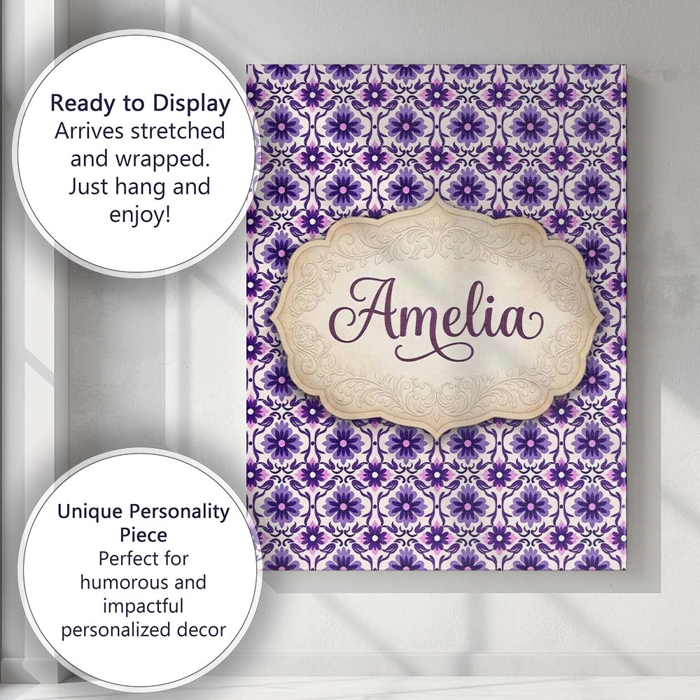 Personalised Name Purple Floral Geometric Custom  Unique Gift Idea Elegant Feature Canvas Wall Art Print Decor Picture Ready to Hang