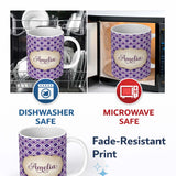 Personalized Custom Name Purple Floral Geometric Tile Style Seamless Pattern Name Cute 11oz Ceramic Coffee Tea Mug White Large Handle