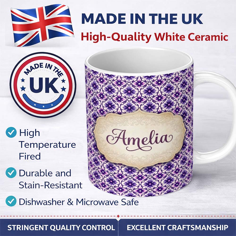 Personalized Custom Name Purple Floral Geometric Tile Style Seamless Pattern Name Cute 11oz Ceramic Coffee Tea Mug White Large Handle