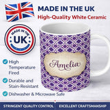 Personalized Custom Name Purple Floral Geometric Tile Style Seamless Pattern Name Cute 11oz Ceramic Coffee Tea Mug White Large Handle