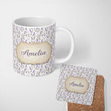 Personalized Custom Name Soft Lavender Botanical Floral Seamless Pattern Name Cute Unique 11oz Ceramic Coffee Tea Mug White Large Handle