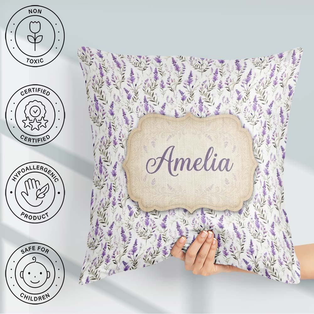 Custom Name Soft Lavender Botanical Floral Seamless Pattern Name Square Filled Cushion Throw Pillow Sofa Bed Home Decor Zip Washable UK Made