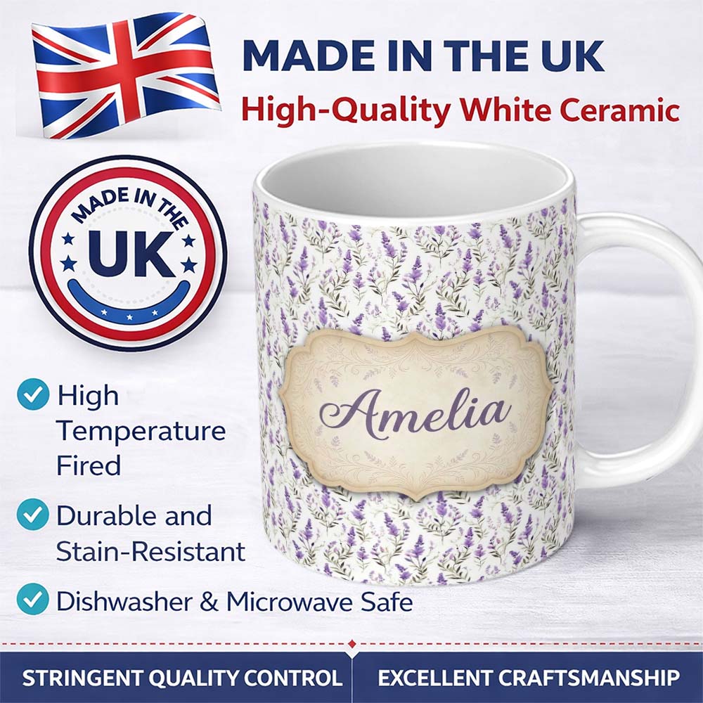 Personalized Custom Name Soft Lavender Botanical Floral Seamless Pattern Name Cute Unique 11oz Ceramic Coffee Tea Mug White Large Handle
