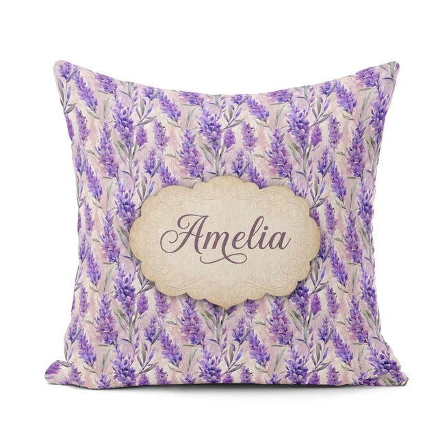 Custom Name Soft Lavender Floral Botanical Seamless Pattern Name Square Filled Cushion Throw Pillow Sofa Bed Home Decor Zip Washable UK Made